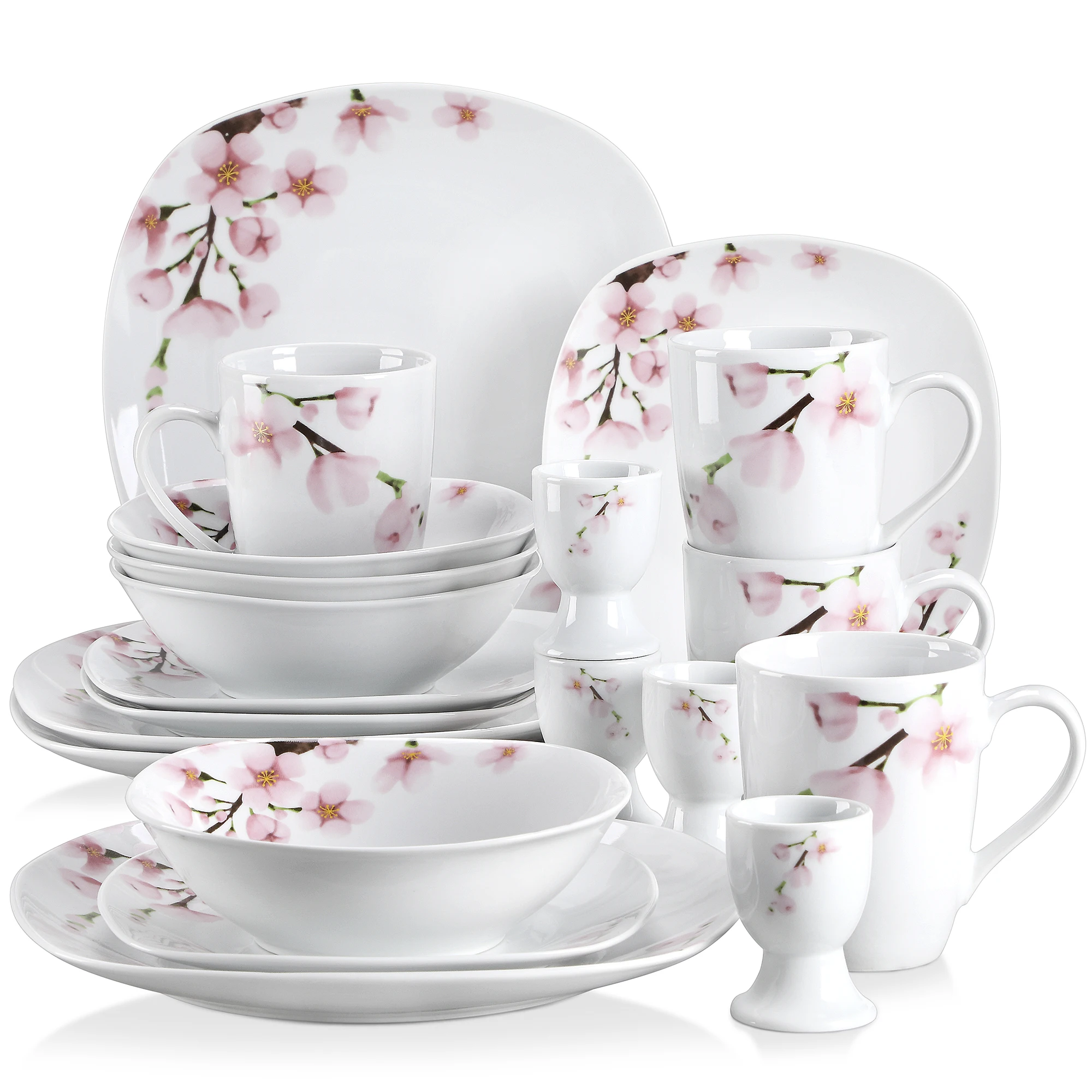 VEWEET ANNIE 20/40CPS Porcelain Ceramic Dinnerware Tableware Set with Egg Cups/Mugs/Bowls/Dessert Dinner Plate for 4/8 Person