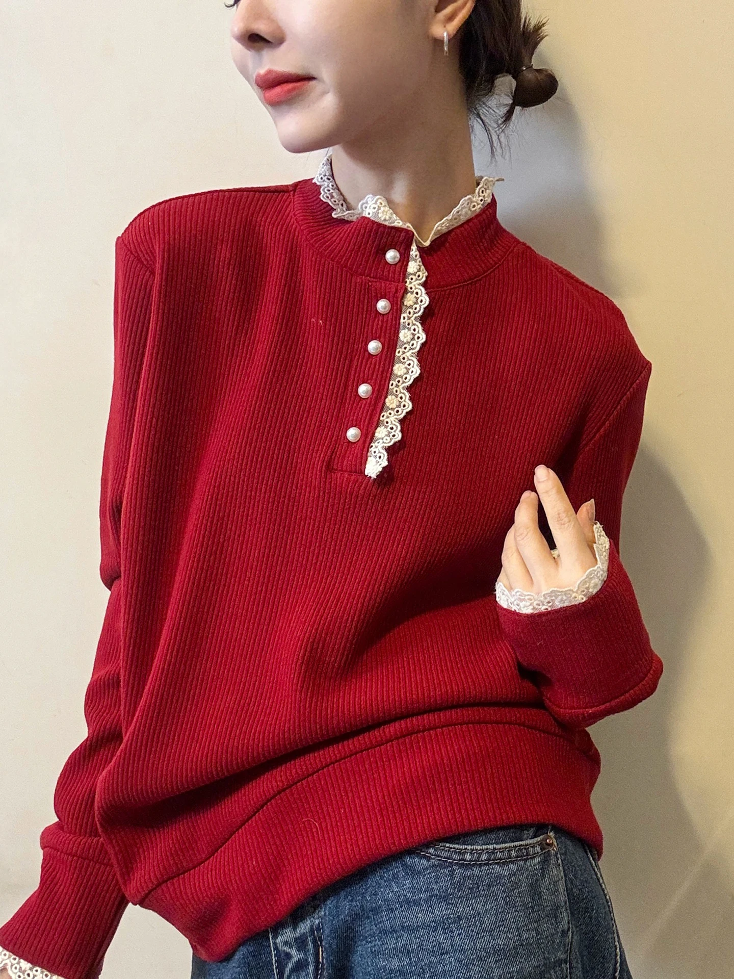 سترة محبوكة أنيقة غير رسمية صديقة للبشرة طويلة Sve كشكش Cisas سترة حمراء شتوية أنيقة فضفاضة تناسب الكورية Sle #1