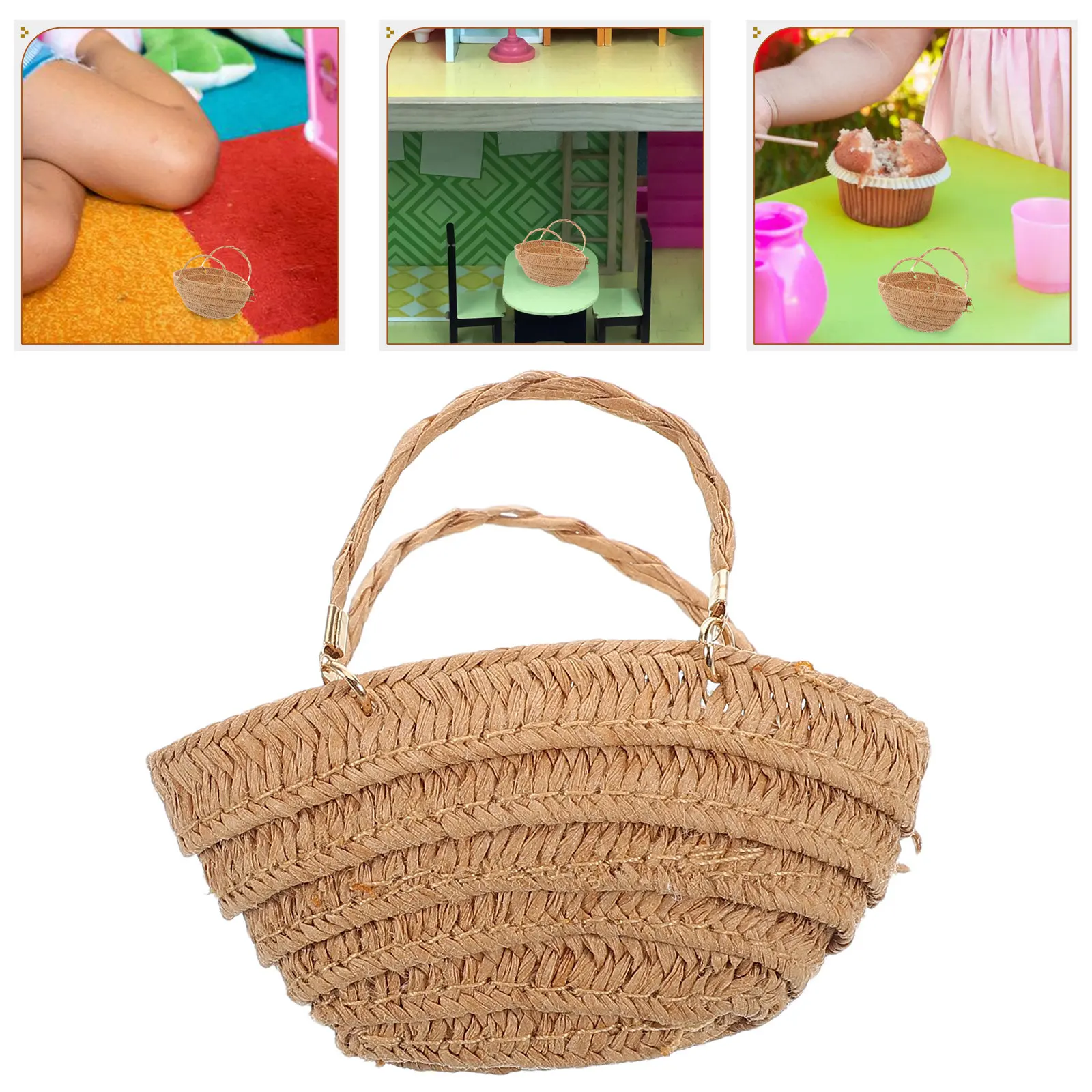 Handcrafted Mini Straw Bag for Dollhouse Miniatures Woven Tiny Basket with Handle Versatile Decoration Picnic Easter Basket