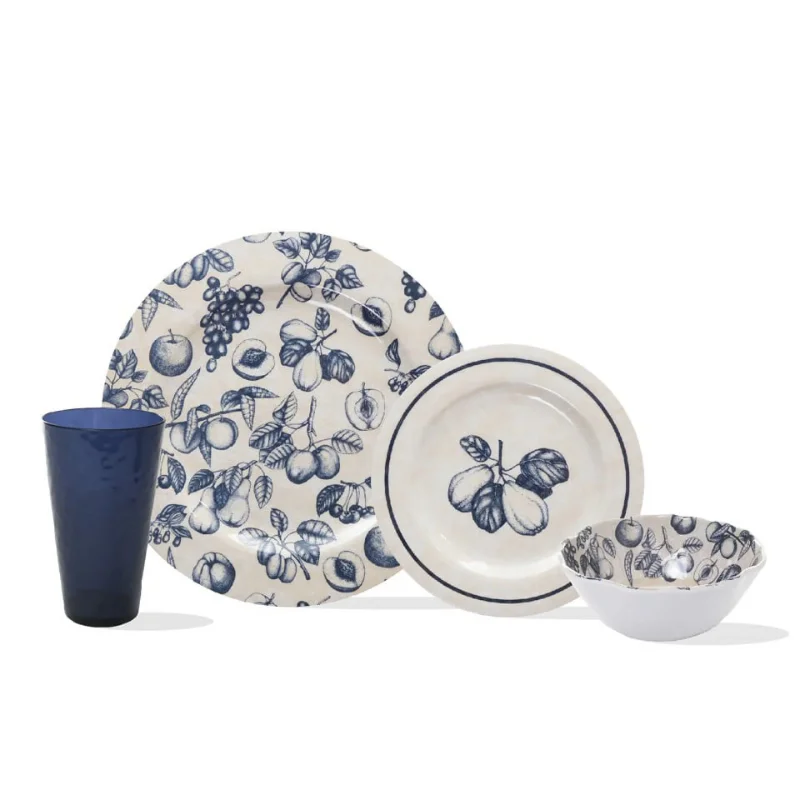 

16-Pc Melamine Plates Dinnerware Set with Bowls & Cups, Sketched Fruit