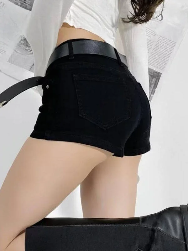 미국 스타일 섹시 로우 웨이스트 엘라스틱 데님 반바지 여성용 레트로 타이트 힙 핫팬츠 벨트 포함 트렌디 여름 패션