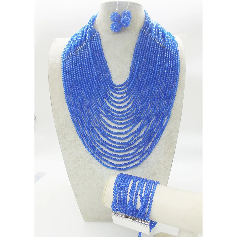 

Bridal Wedding Necklace Set, Classic 20 Row 4MM Brazilian Royal Blue Stone Necklace. Bracelet, earring