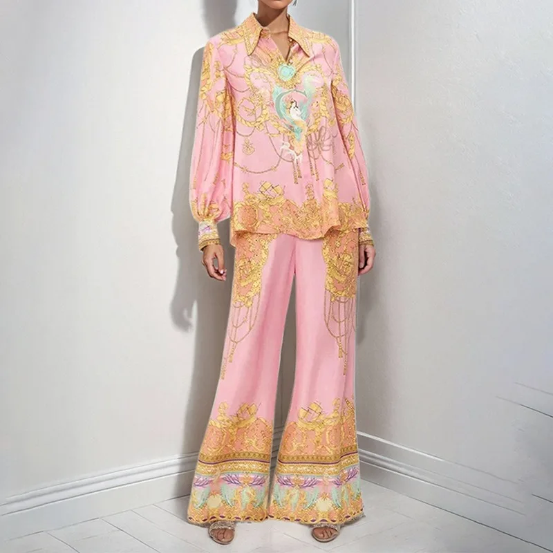 

Cross-border Amazon European American Women's Clothing Long-sleeved Pink Printed Shirt Long Pants Casual Fashion Set Two Women