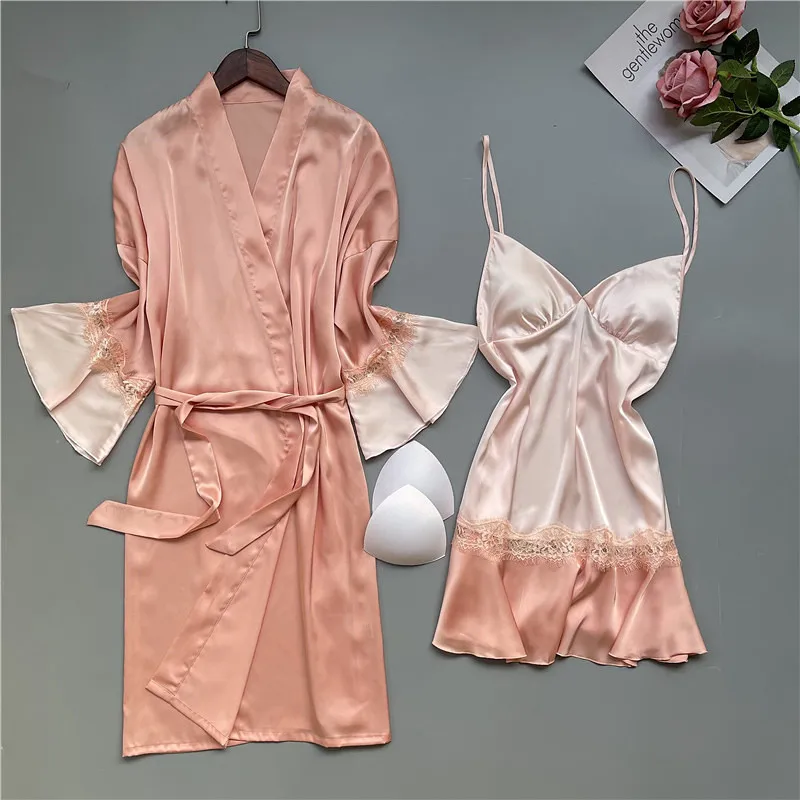 Sexy Badjas Vrouwen Half Mouw Ruches Twee Stukken Met Vest Nachtjapon Pyjama Nachtkleding Vrouw Luxe Jurken Nachtkleding