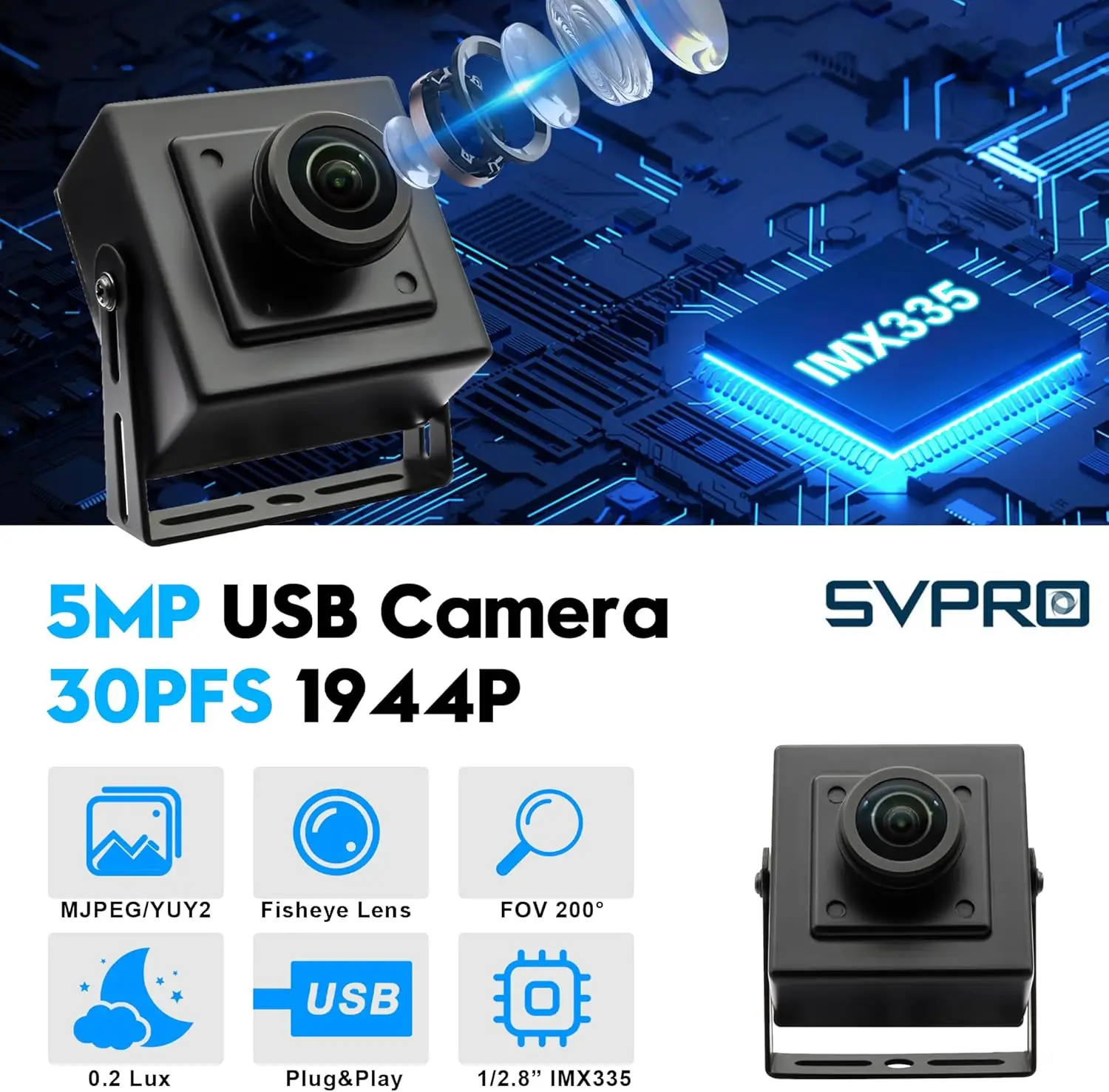 ELP 5MP 30fps USB Camera Wide Angle Fisheye Webcam IMX335 Sensor Industrial Camera with Metal Case for PC Computer Laptop