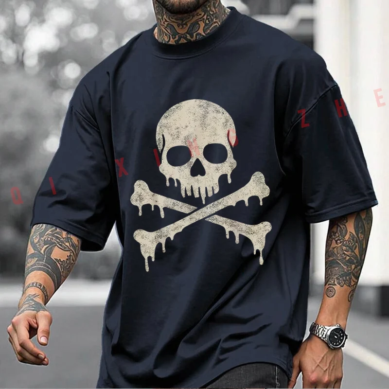 A Pirate Skull and Crossbones Graphic Motorcycle T-Shirt Cotton Cute Men Clothes Plain Summer Casual Short Sleeve Round Neck Tee