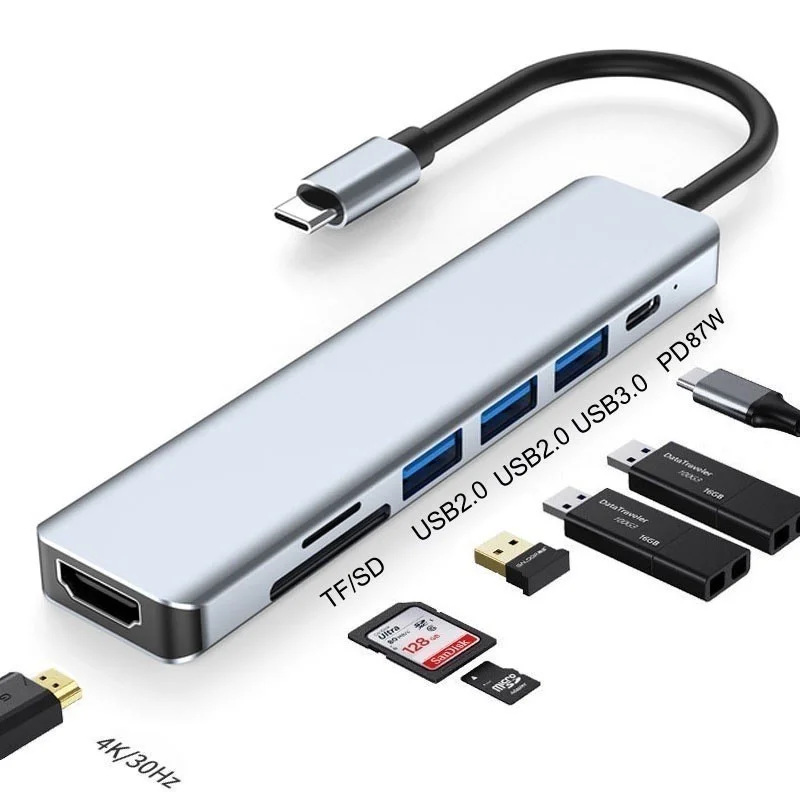 Hub 7 Em 1 USB C Com HDMI 4K USB 3.0 Leitor De Cartão SD TF Para Notebook MacBook