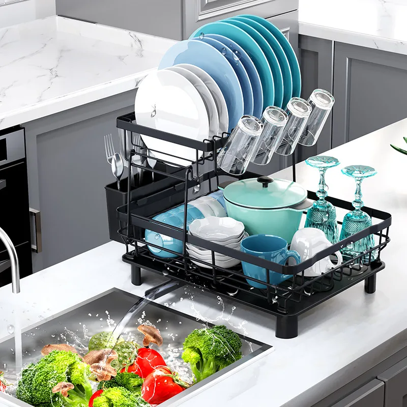 

1/2 Tiers Kitchen Dish Bowl Drainer Storage Rack With Chopstick Cage Knife Fork Water Cup Storage Rack Kitchen Counter Organize