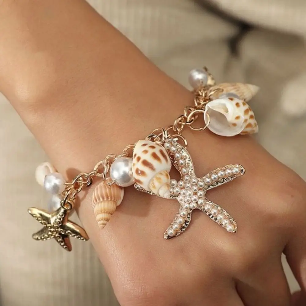 سلسلة البحر قذيفة نجم البحر سوار تقليد اللؤلؤ قابل للتعديل البوهيمي شل الخرز أساور الخماسي الراقية