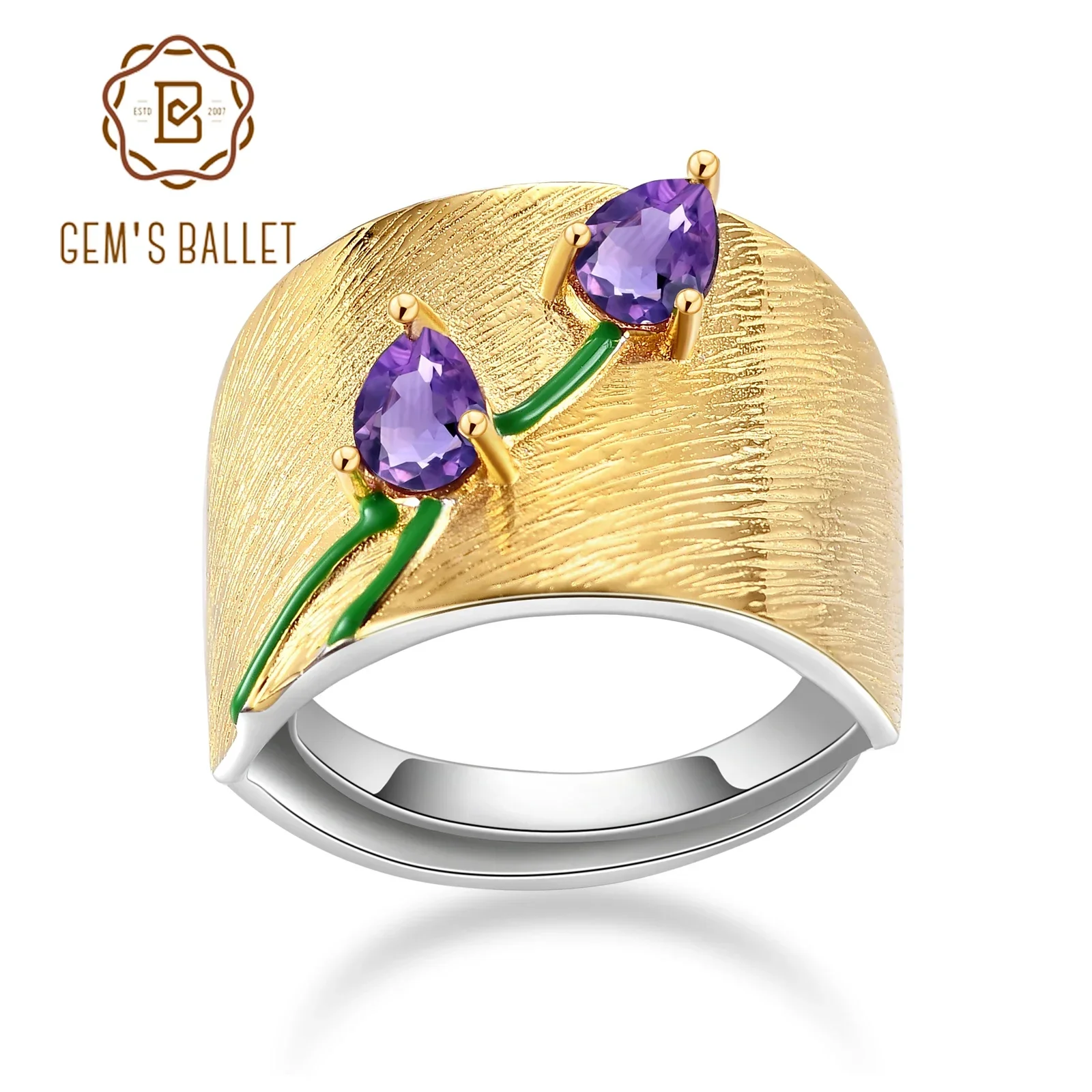 GEM'S BALLET Original Handmade Real 925 Sterling Silver Statement Ring Jewelry Gift Natural Gemstone Amethyst Design Plate Tulip