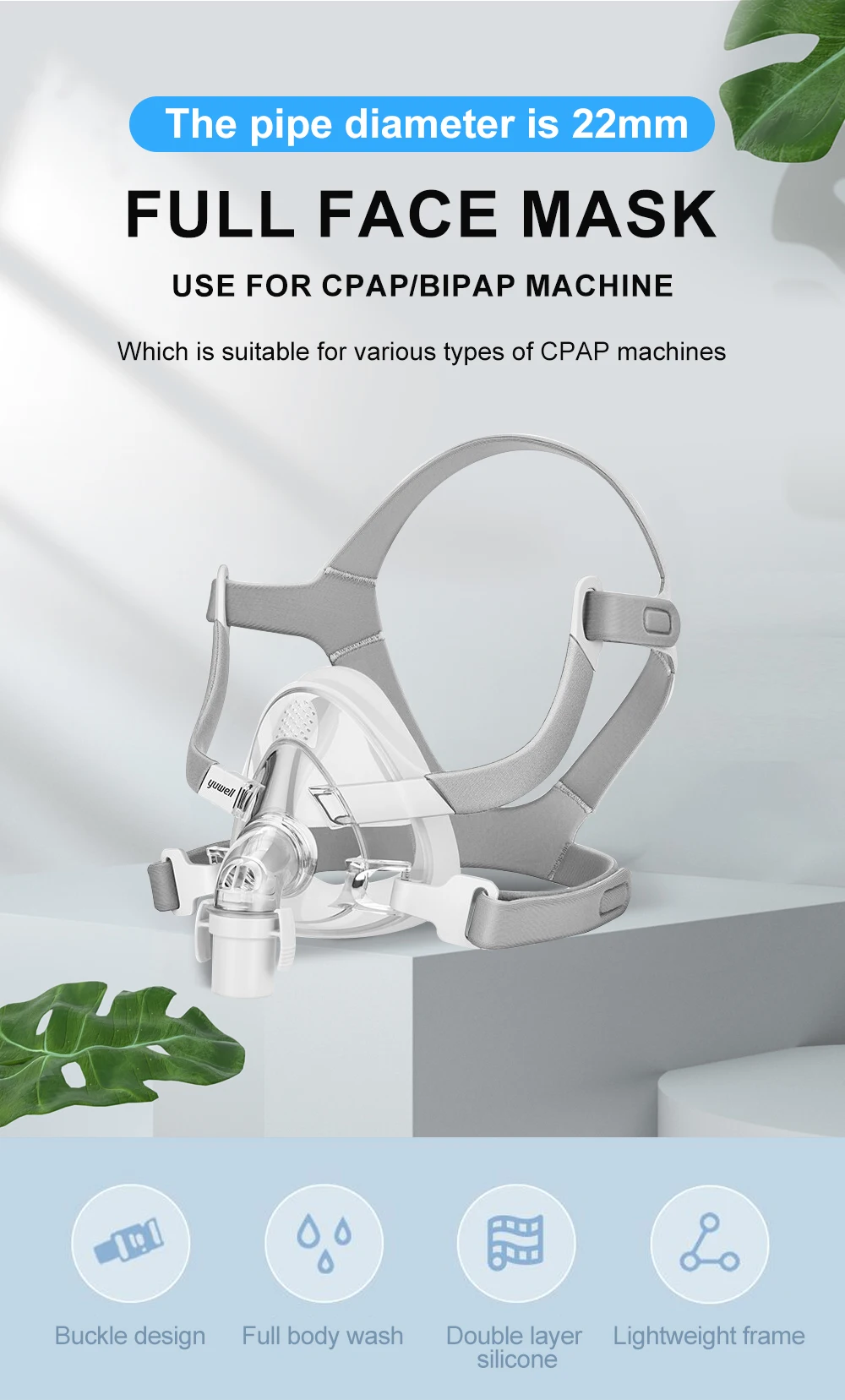 YuWell YF-02 CPAP-Maske mit Kopfbedeckung, Vollmaske, automatische CPAP APAP BIPAP für medizinische Luftatmungsmaschine, Schlafapnoe, Anti-Schnarchen – Detail 1