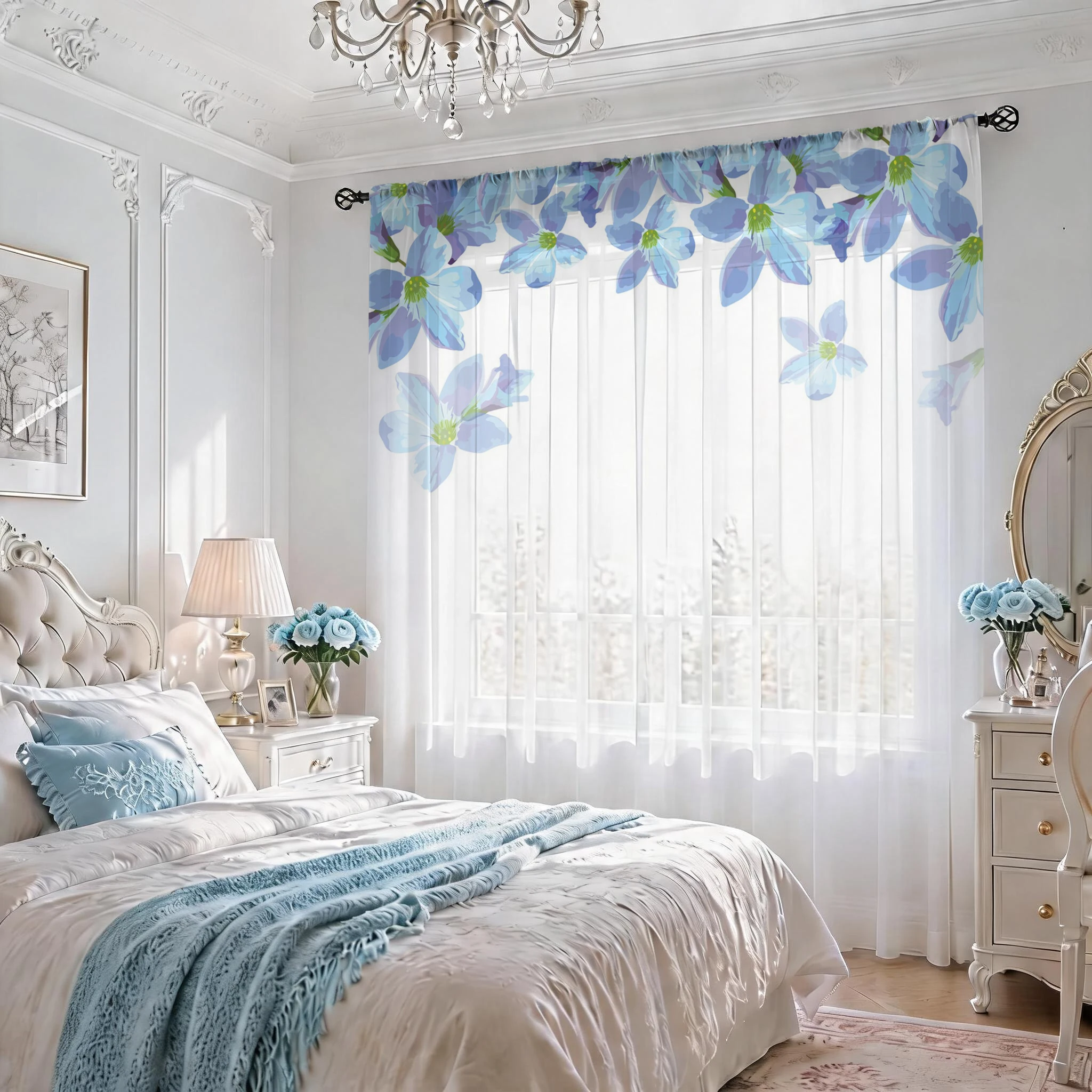 Blue Floral Gradient Sheer Curtain, Good Quality Light Reducing Luxurious Privacy Voile for Living/Bedroom/Kids Room, Gift - view 4
