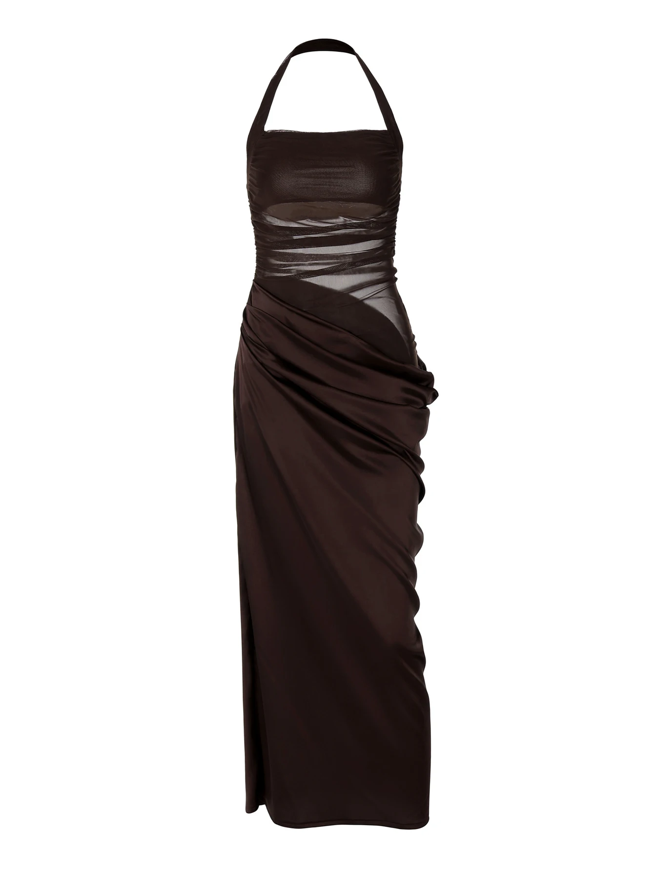 Primavera y verano moda sexy sin espalda cuello de satén Falda larga Venta caliente vestido sin mangas plisado picante