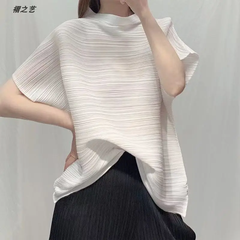 

Pullover T-shirt Premium Westernized Small Stand Neck Women Pleated 2023 Summer Loose Fashion Short Sleeve T Shirt Female Top