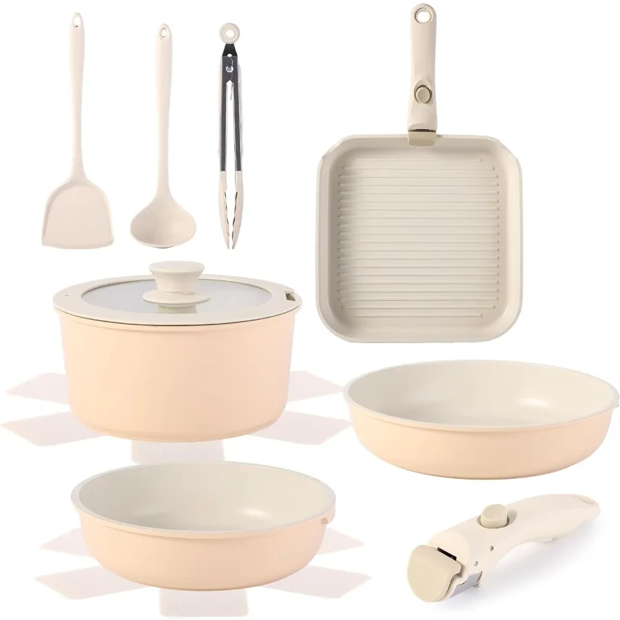 

12 PCS Kitchen Cookware Set with Detachable Handle Pots and Pans Sets Non Stick Induction Pan Set for RV Cookware Oven Safe PFO