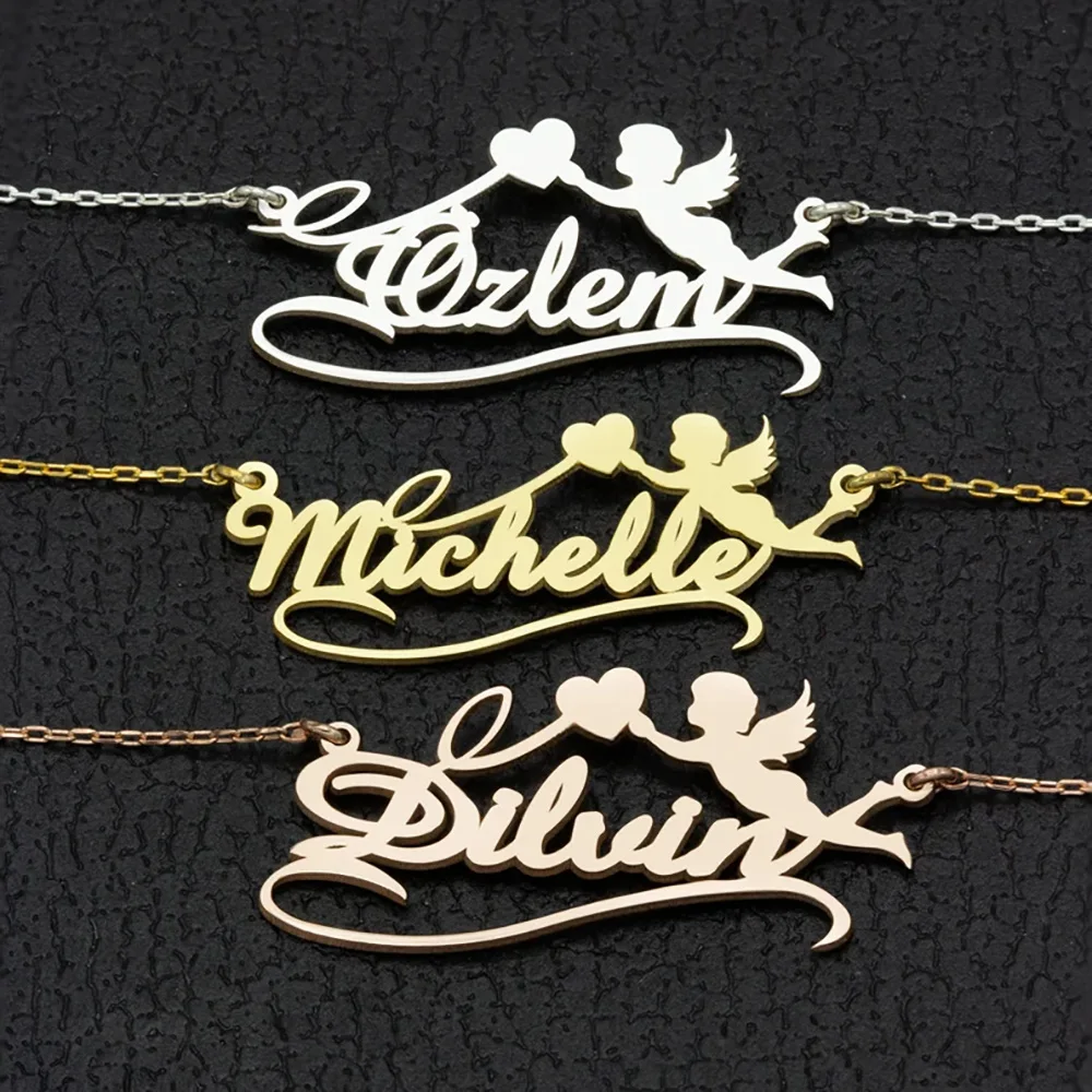 Personalized Angel Necklace Customized Name Wings Love Stainless Steel Necklace Gold Jewelry For Women Mother's Day Gift