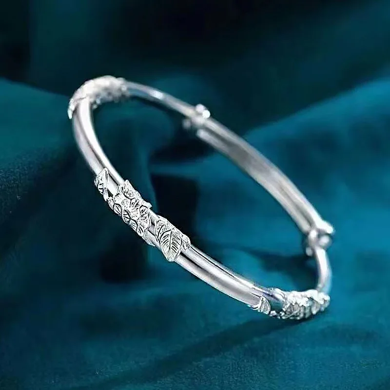 Blumen-Silberarmband für Damen, schlicht und modisch, verstellbares versilbertes Armband, Silberarmband