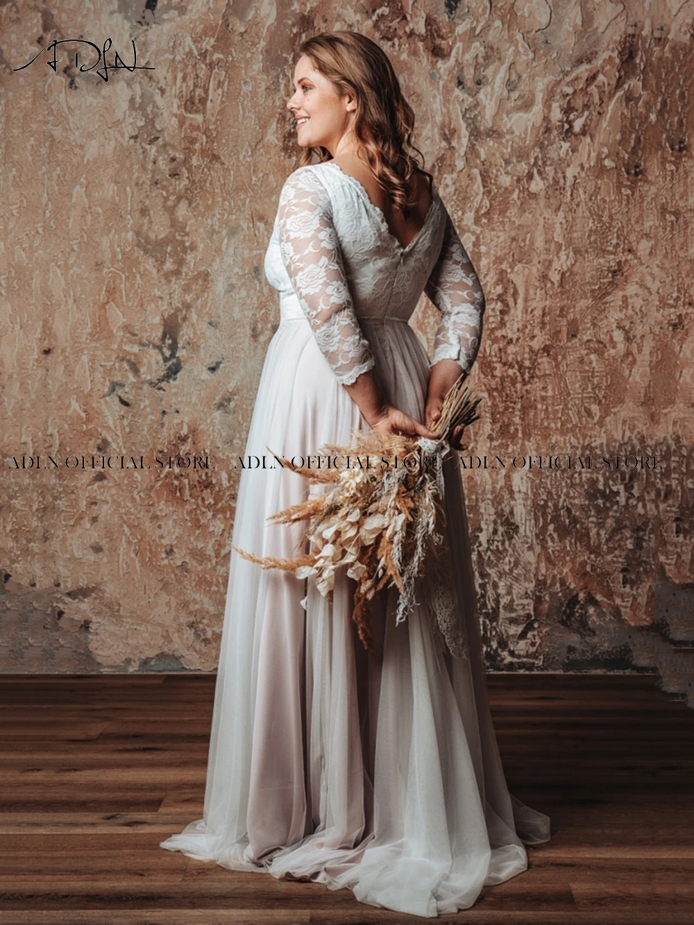 Robe de mariée en dentelle, coupe trapèze, grande taille, avec manches, longueur au sol, manches 3/4