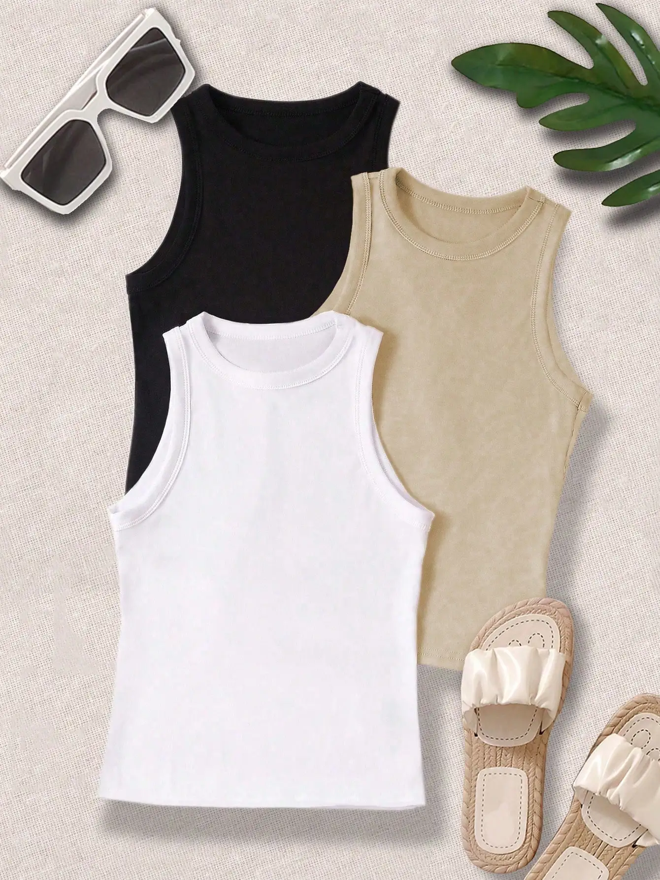

Women's Solid Color Round Neck Casual Tank Top - 3 Pack in Black, White, Beige