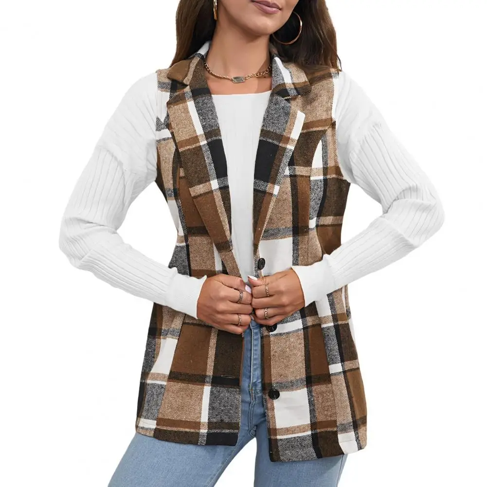 Lapel Vest Plaid Print Vest Coat for Women Retro Waistcoat with Turn-down Collar Button Down Closure Mid Length Warm for Wear