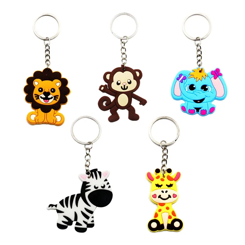 Forest Animals Keychain Cute Silicone Keychain Lion Monkey Elephant Zebra Key Chains PVC Soft Silicone Pendant Keychain