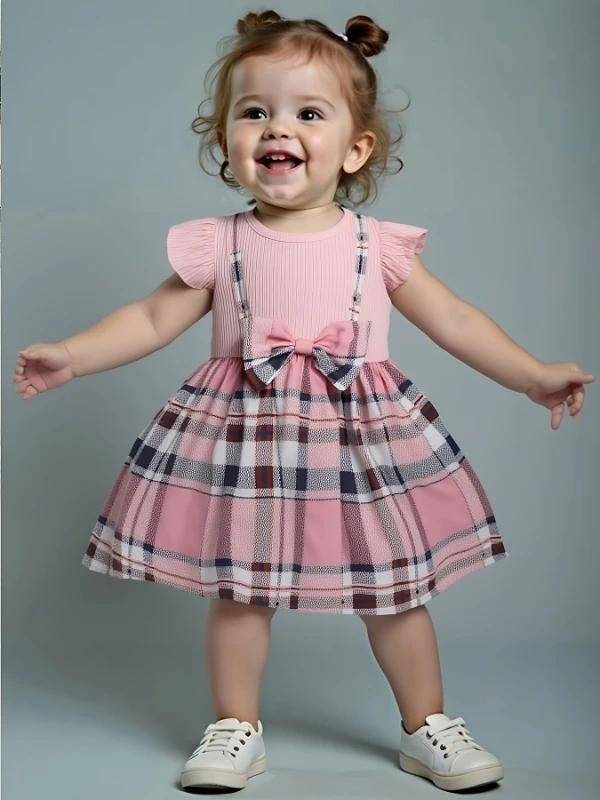 فستان منقوش باللون الوردي للفتيات الصغيرات: زي بدون أكمام مزين بفيونكة وأكمام مكشكشة #1