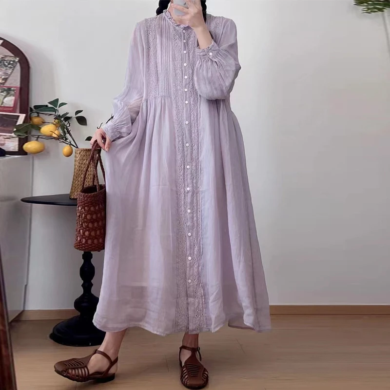 

Johnature Summer Japanese Mori Women Cut-out Lace Ramie Loose Dress Women Vintage Casual Thin Simple Female Dress