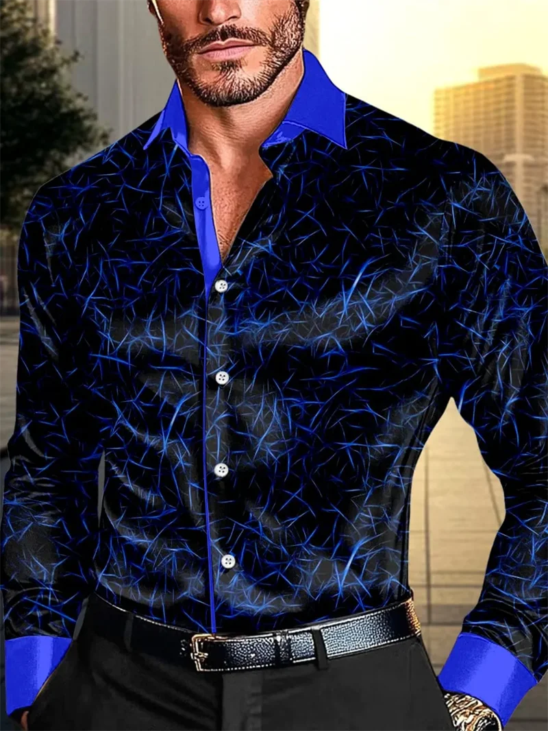 New men's Style Long Sleeved Shirt With 3D Bamboo Print Lines  Casual Street Fashion  Long Sleeved Shirt Top