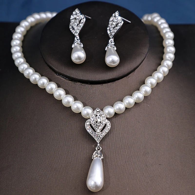 Crystal Fashion Imitation Pearl Wedding Necklace Earring Bridal For Women Elegant Rhinestone Jewelry Sets Party