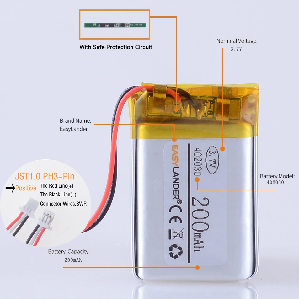 JST1.0mm 3Pin 802030 3.7V 500mAh  302030 402030 502030 602030 702030 902030 102030 Rechargeable Lithium Lipo Polymer Battery