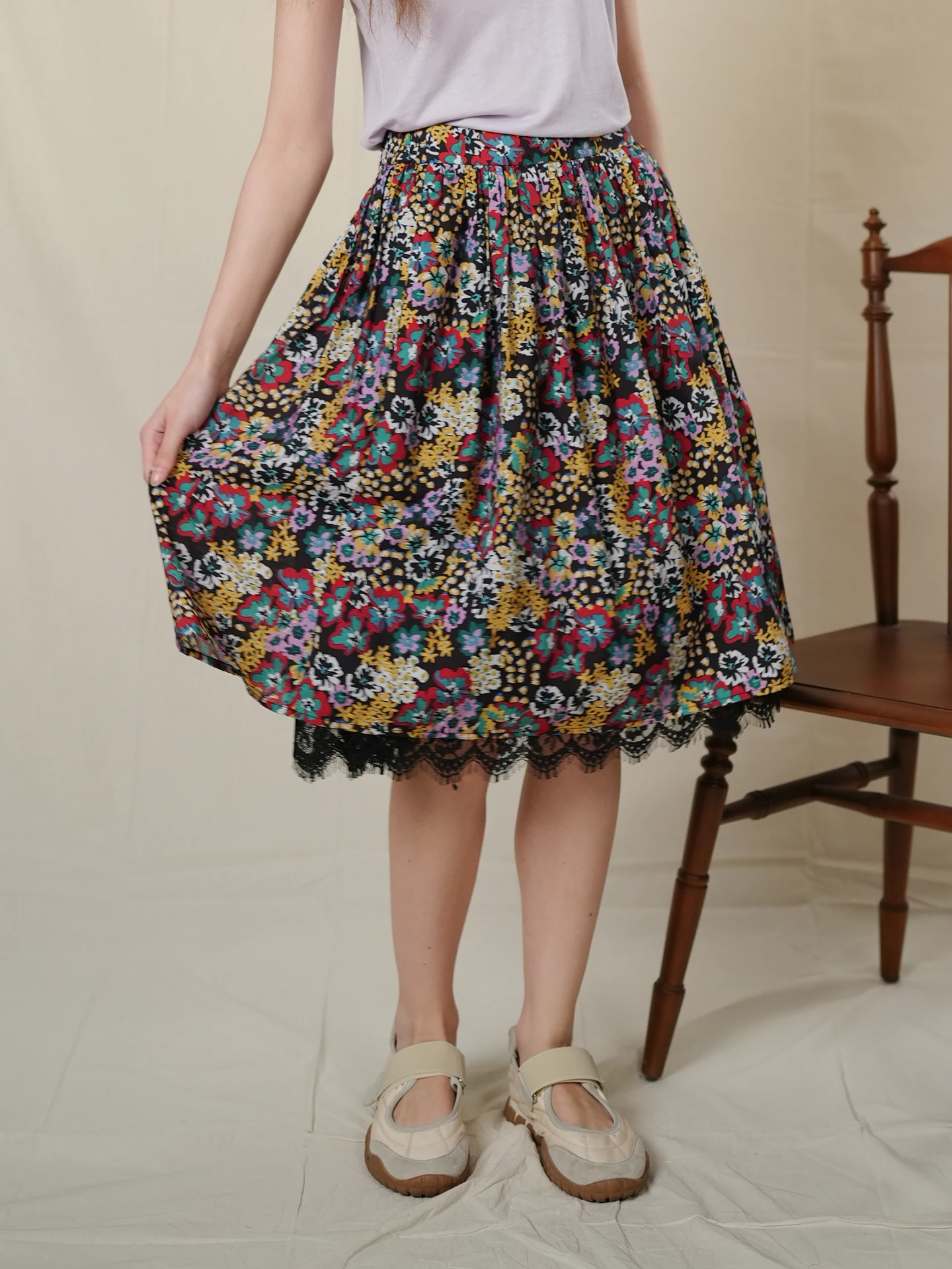 

MarchNoon Flared Half-length Skirt with Lace Trim Elastic Waist Loose Fit Floral Print Summer Fashion Ladies' Skirts
