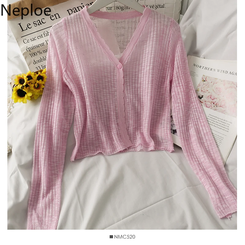 Knit Sweater Pink Cardigans Women Summer Long Sleeve Cropped Cardigan Korean See Through Y2K Top Fashion Sweaters Woman Clothes