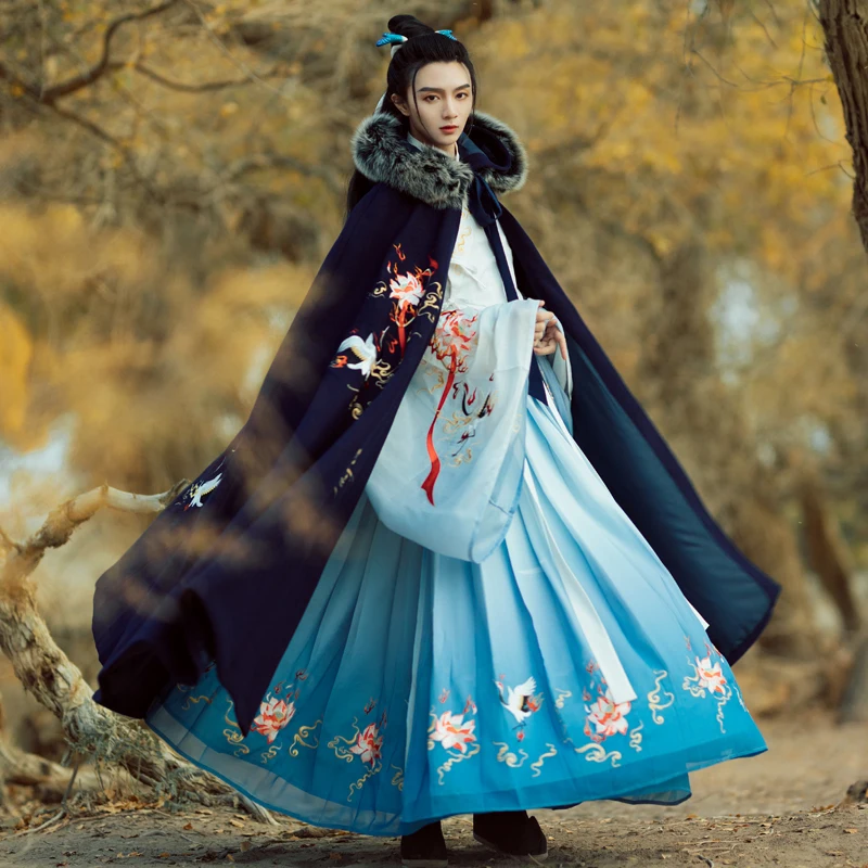 

Оригинальный женский длинный плащ Hanfu с цветочной вышивкой, осень-зима, традиционная китайская одежда на подкладке, премиум-класса