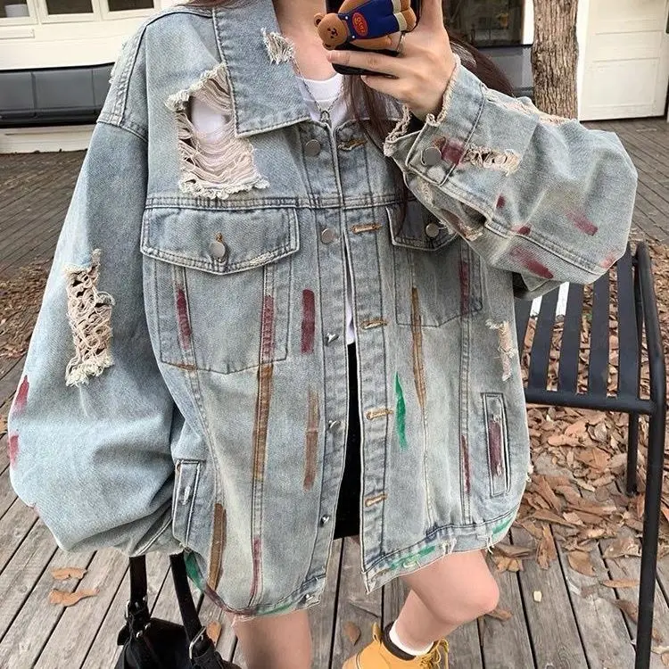 

Мужская джинсовая куртка большого размера, весенняя, повседневная, с дырками, в американском стиле, для отдыха, верхняя одежда