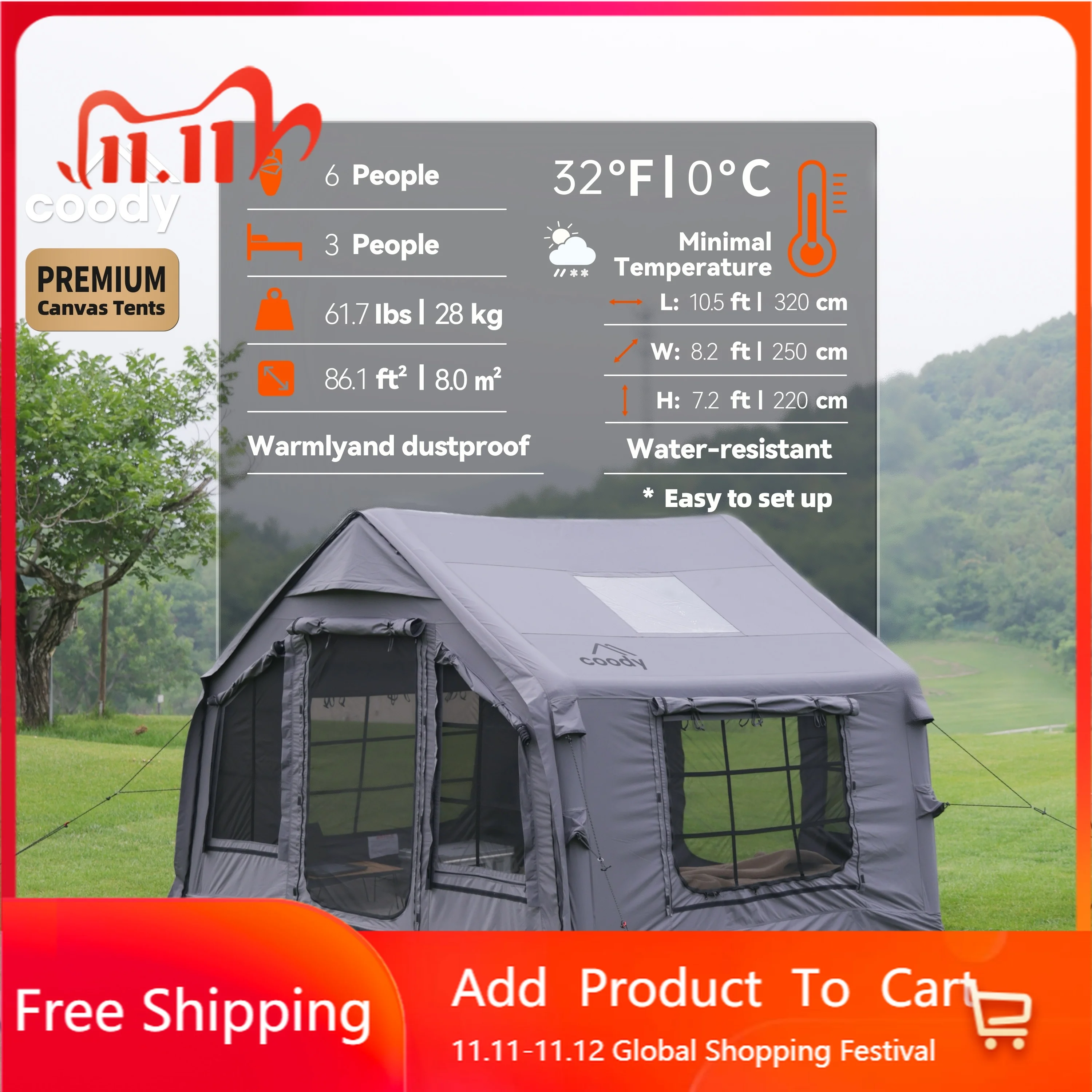 Coody 8.0 Gray Inflatable Tent 3-6 Person Outdoor Glamping Camping House