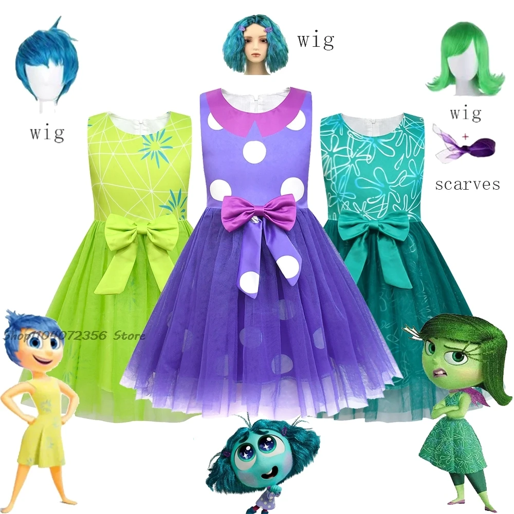 Halloween Cartoon Inside 2 Out Joy Inspiriert Cosplay für Mädchen Kleid + Tasche Perücke Sets Sommer Karneval Kinder Mädchen Geburtstag Geschenke Anzüge