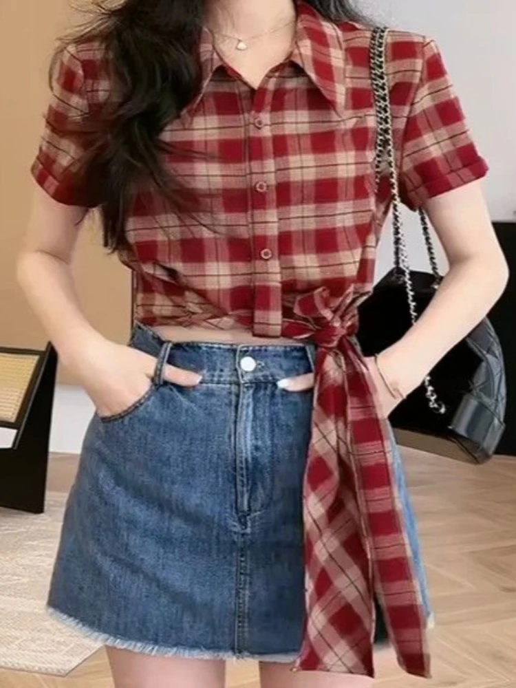 2026 Summer Casual Sweet 2 Piece Set for Women Fitted Lace-Up Plaid Shirt + Chic All Match High Waist Skort Daily Female Outfits