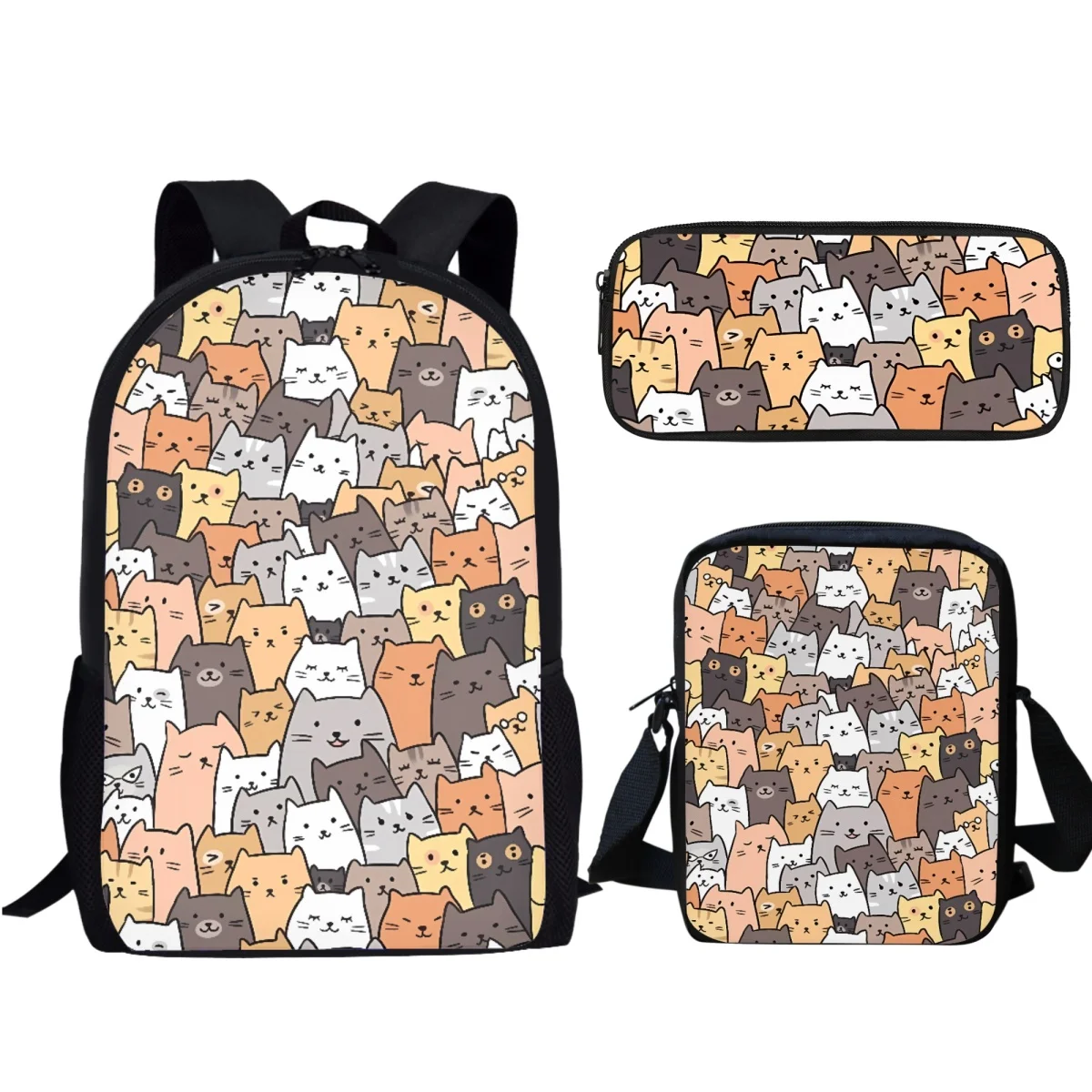 Lovely Cartoon Cats 3Pcs/Set School Bags for Teenager Girls Double Shoulder Kids Animal Backpack Women Men Bookbag Travel Bags