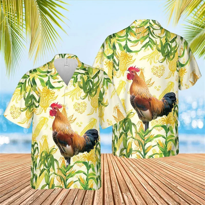 

New Corn Animals Pattern Hawaiian Shirt Men And Women Summer Fashion Fun Shirts Cow Sheep And Rooster Printed Cute Kid Shirt