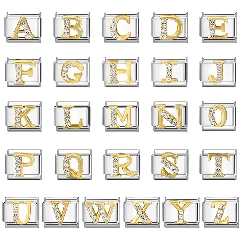 2026 Shiny Zircon 26 English A-Z Capital Letters Golden Italian Charm Link Fit 9mm Stainless Steel Bracelet Women Men DIY Make