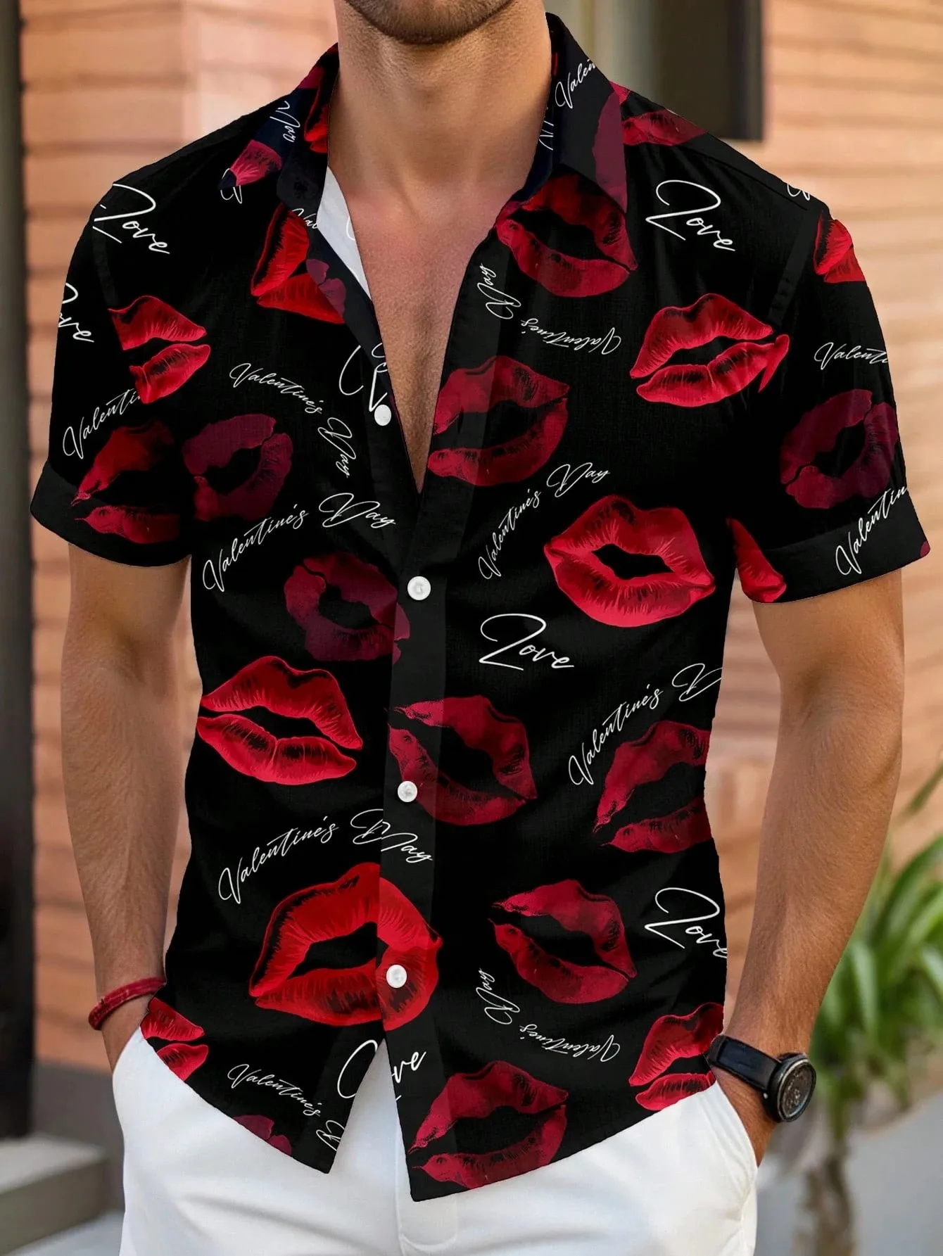 

2026 Summer New Style Men's Short-Sleeved Shirt with 3D Lip Pattern Print for Street Casual Fashion Comfortable and Soft