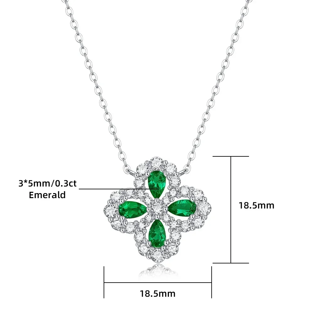 Lab Emerald Necklace Clover Flower Pendant Chain S925 Sterling Silver 18K White Gold Plated Fine Jewelry Women Birthday Gift