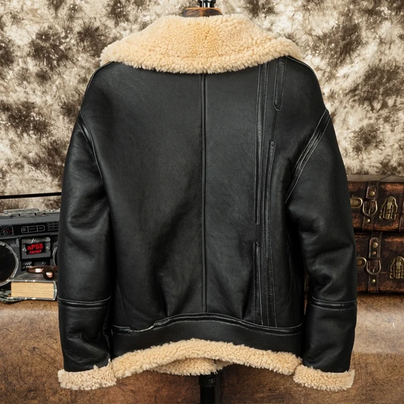 Black Winter Men's Shearling Jacket Casual Style Plus Size 3XL Natural Thick Sheepskin Warm Genuine Leather Coats