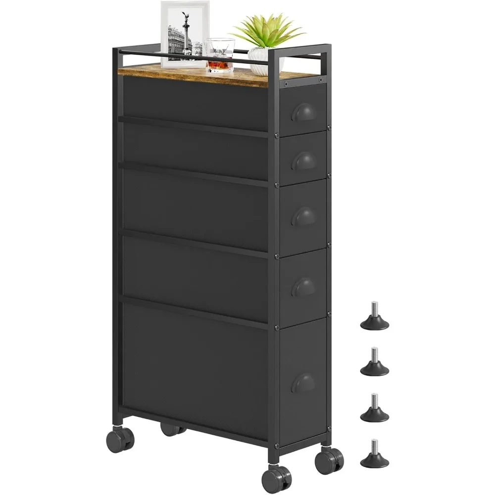 5 Drawer Narrow Dresser Slim Cabinet Skinny Storage Tower Chest, Ideal for Small Spaces Bathroom Bedroom, Between Washe，Black