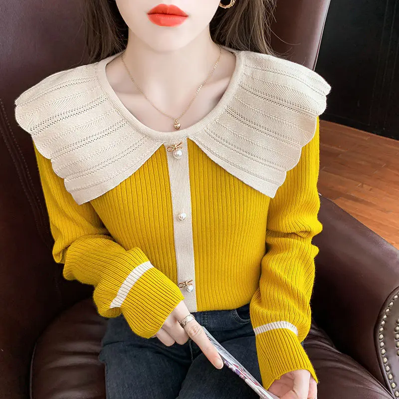 Autumn Winter Korean Slim Beading Spliced Peter Pan Collar Sweaters Women\'s Clothing Fashion Contrast Color Knitted Pullovers