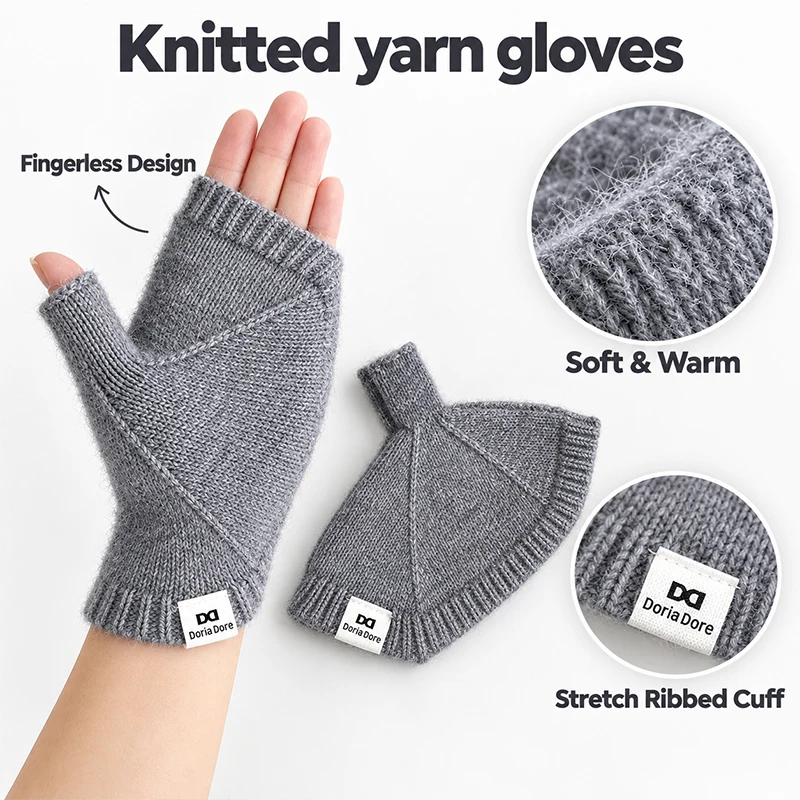 1pair Womens Half Finger Knit Gloves Winter Soft Plush Fingerless Mittens Warm Knitted Gloves for Work Typing Daily Outdoor