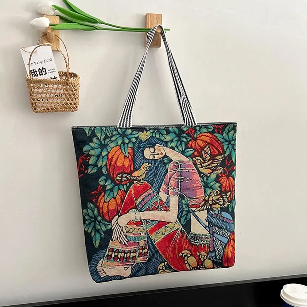 Bolso de compras de flores plegable portátil para mujer, bolsa de almacenamiento, bolso de mano pintado de hojas, bolso de hombro, bolso de lona artístico