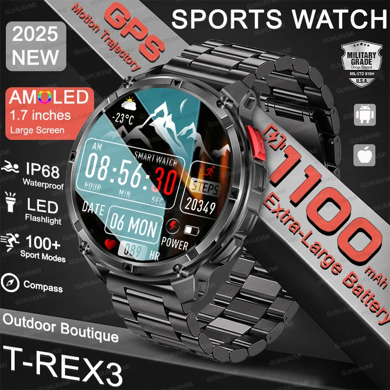 

НОВЫЕ T-Rex военные 1100 мАч супер аккумулятор SmartWatch GPS траектория движения фонарик компас водонепроницаемые HD разговорные спортивные часы для плавания