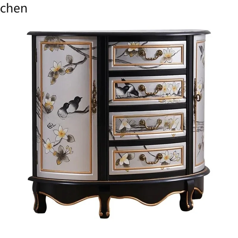 H1 Chinese Style Semi-Circular Entryway Cabinet Solid Wood Hand-Painted Classical Storage Cabinet Complete Dining Side Cabinet