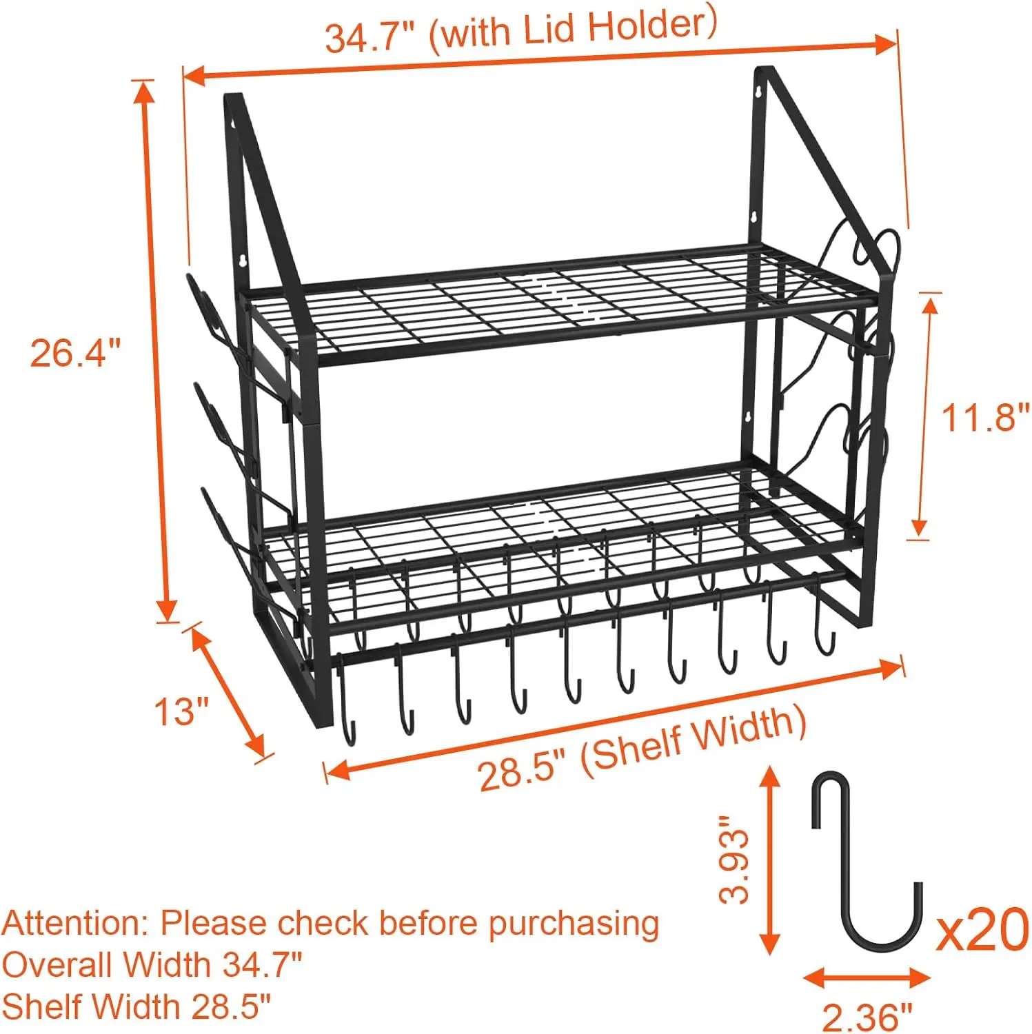 حامل أوعية مثبت على الحائط مقاس 28 بوصة، منظم من طبقتين مع 20 خطافًا و6 حاملات لأغطية الوعاء، وعاء فولاذي عالي التحمل ومقلاة #2